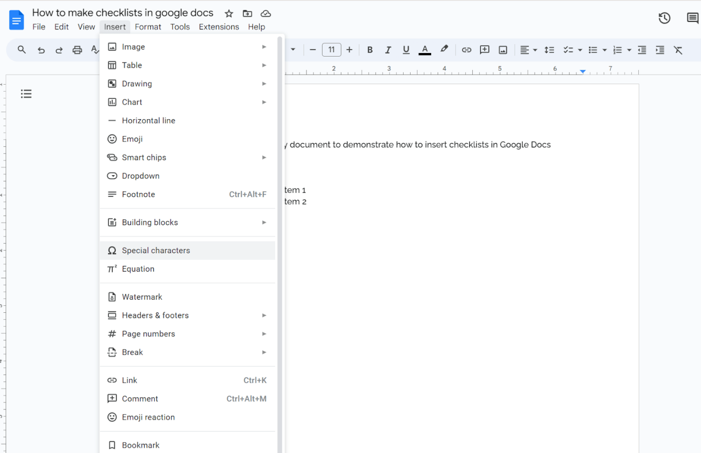 'Insert' dropdown in Google Docs