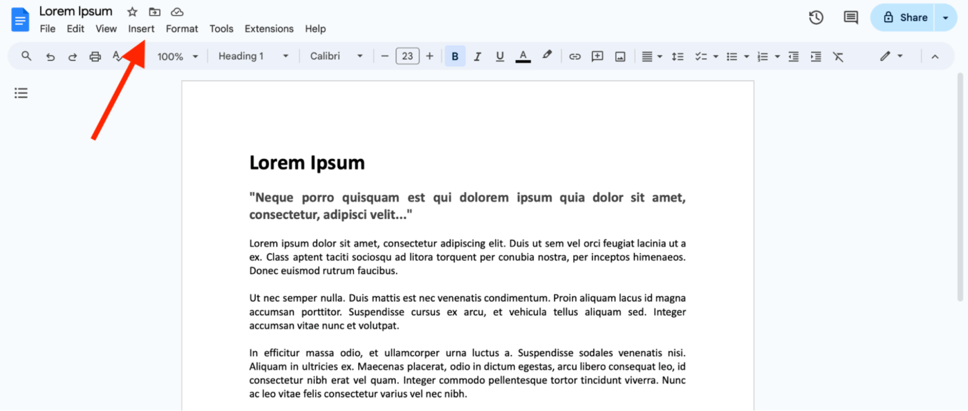 onglet "Insérer" dans Google Docs