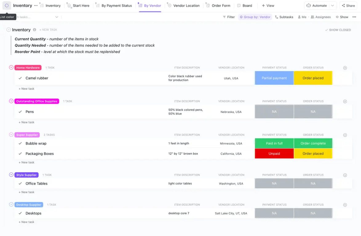 Inventory Template by ClickUp