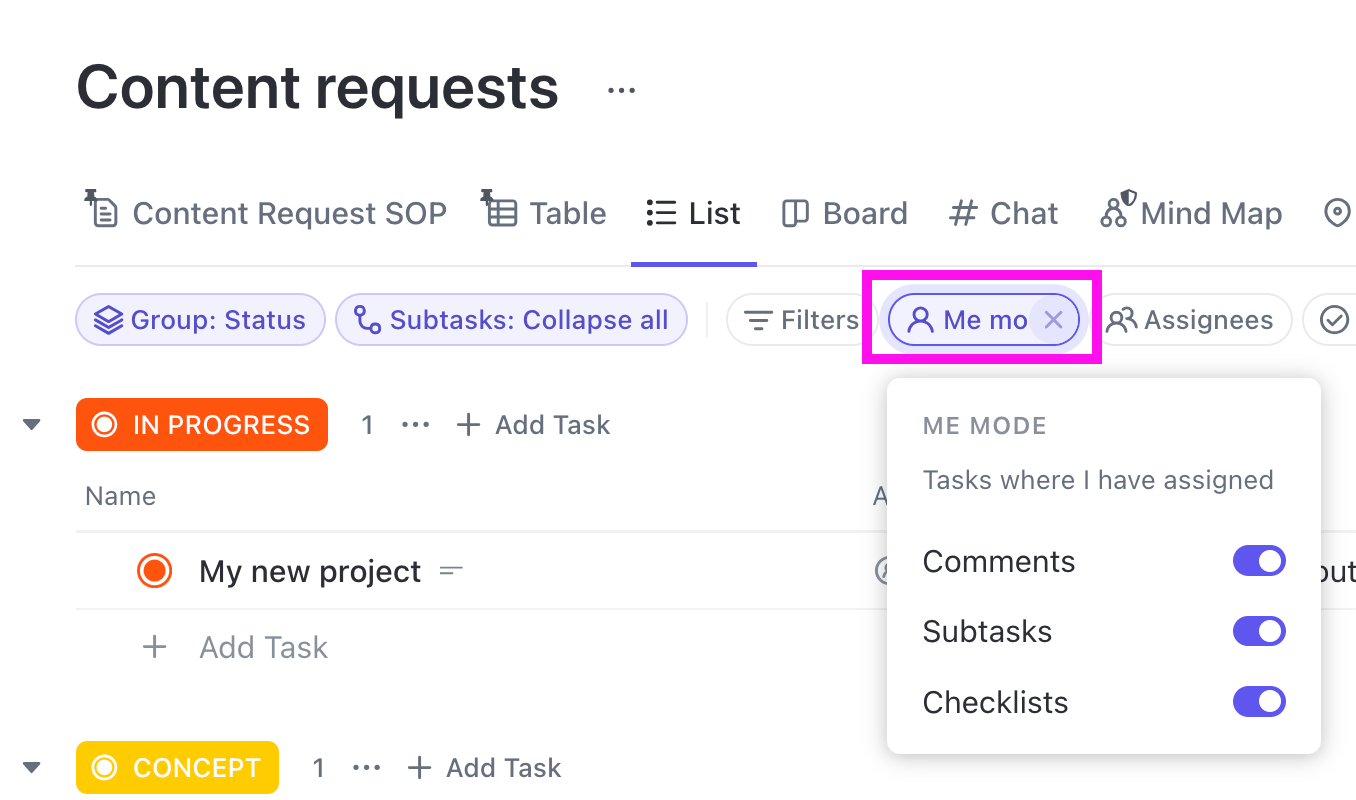 Le mode "Moi" dans ClickUp