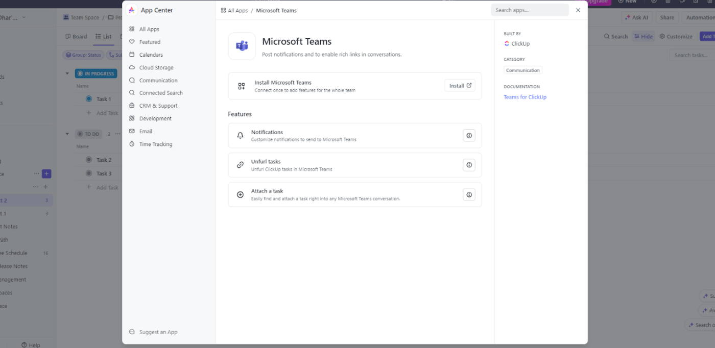 ClickUp Integratie van Microsoft Teams