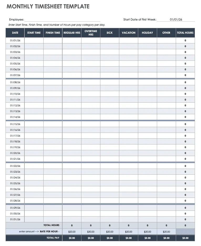 Monthly timesheet template