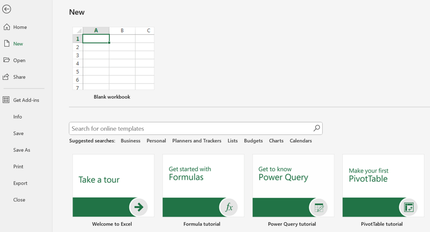 Membuka buku kerja baru di Microsoft Excel