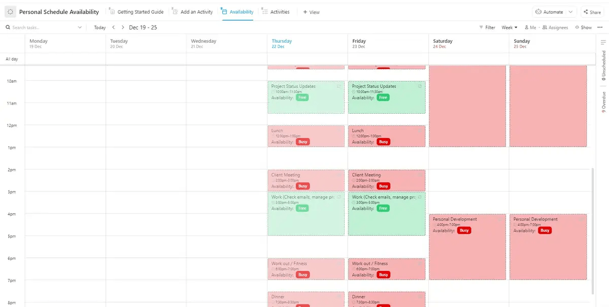 ClickUp Personal Schedule Availability Vorlage