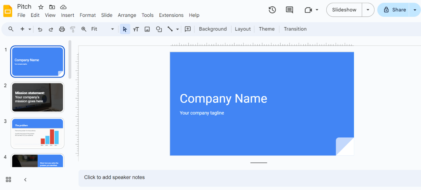 Modelo de apresentação de pitch deck no Google Slides