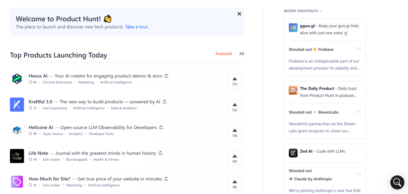 Halaman beranda ProductHunt