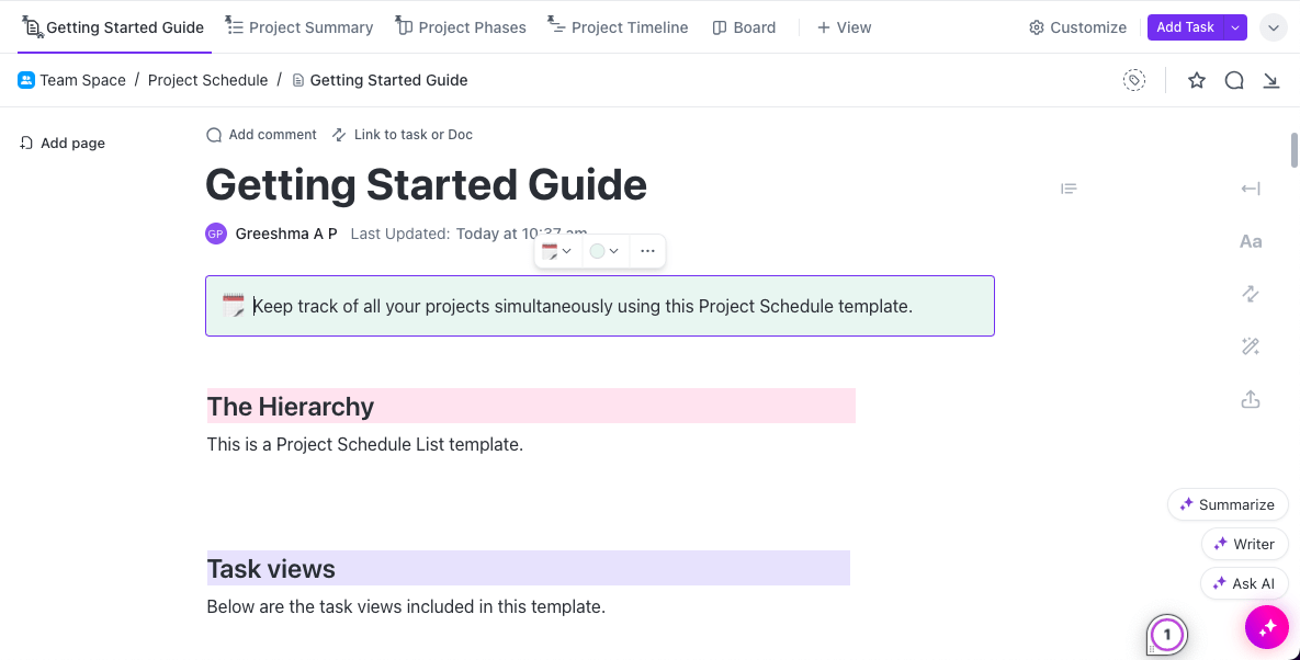 Ensure you and your team stick to your schedule using ClickUp’s Project Schedule Template