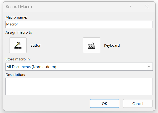 boîte de dialogue "Enregistrer une macro" dans MS Box