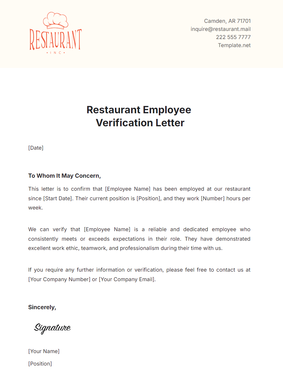 Restaurant Employee Verification Letter