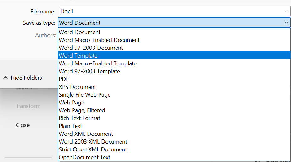 Salve seus modelos no formato Word Template (.dotx)