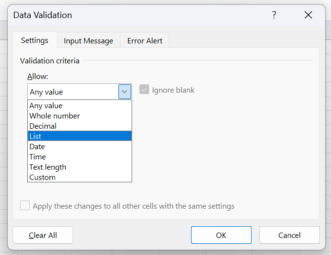 how to merge two Excel spreadsheets: Selecting 'List' in 'Data Validation' settings