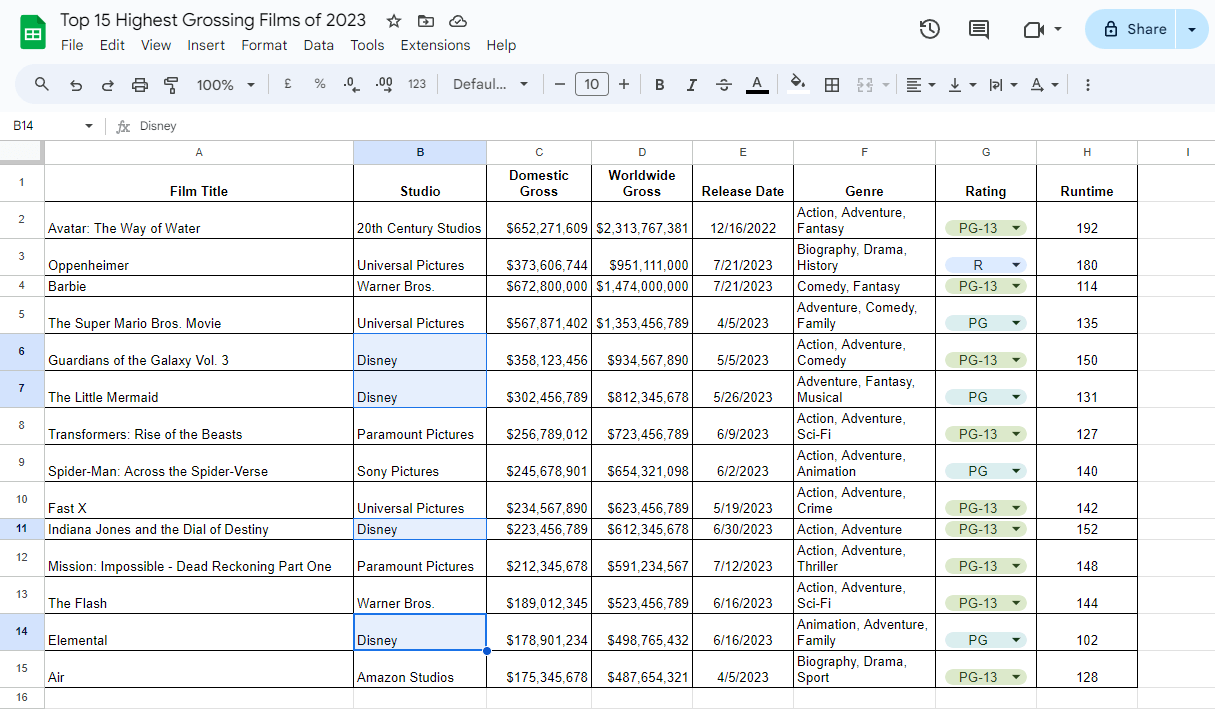 Seleção de células no Google Sheets