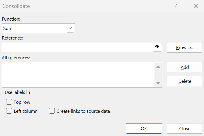 how to merge two Excel spreadsheets: Selecting 'Reference' in the ‘Consolidate’ window