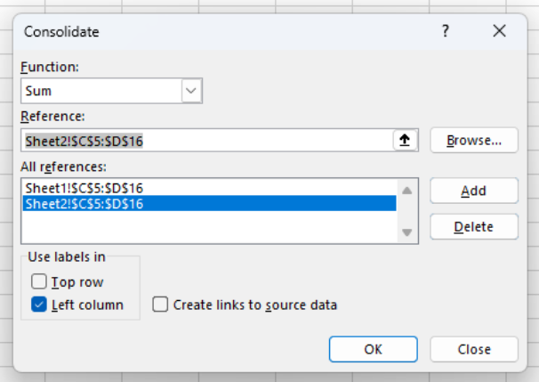 cómo combinar dos hojas de cálculo Excel: Selección de referencias de varias hojas de cálculo