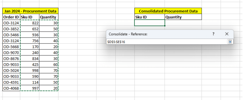 how to merge two Excel spreadsheets: Selecting the dataset in the 'Reference' function