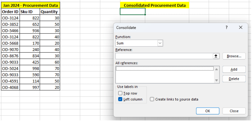 how to merge two Excel spreadsheets: Selecting the ‘Consolidate’ function 