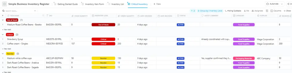 Simple Business Inventory Register Template by ClickUp