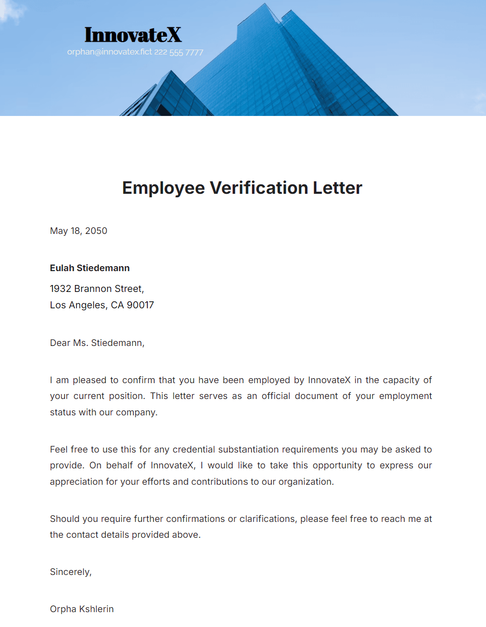 Simple Employee Verification Letter Template