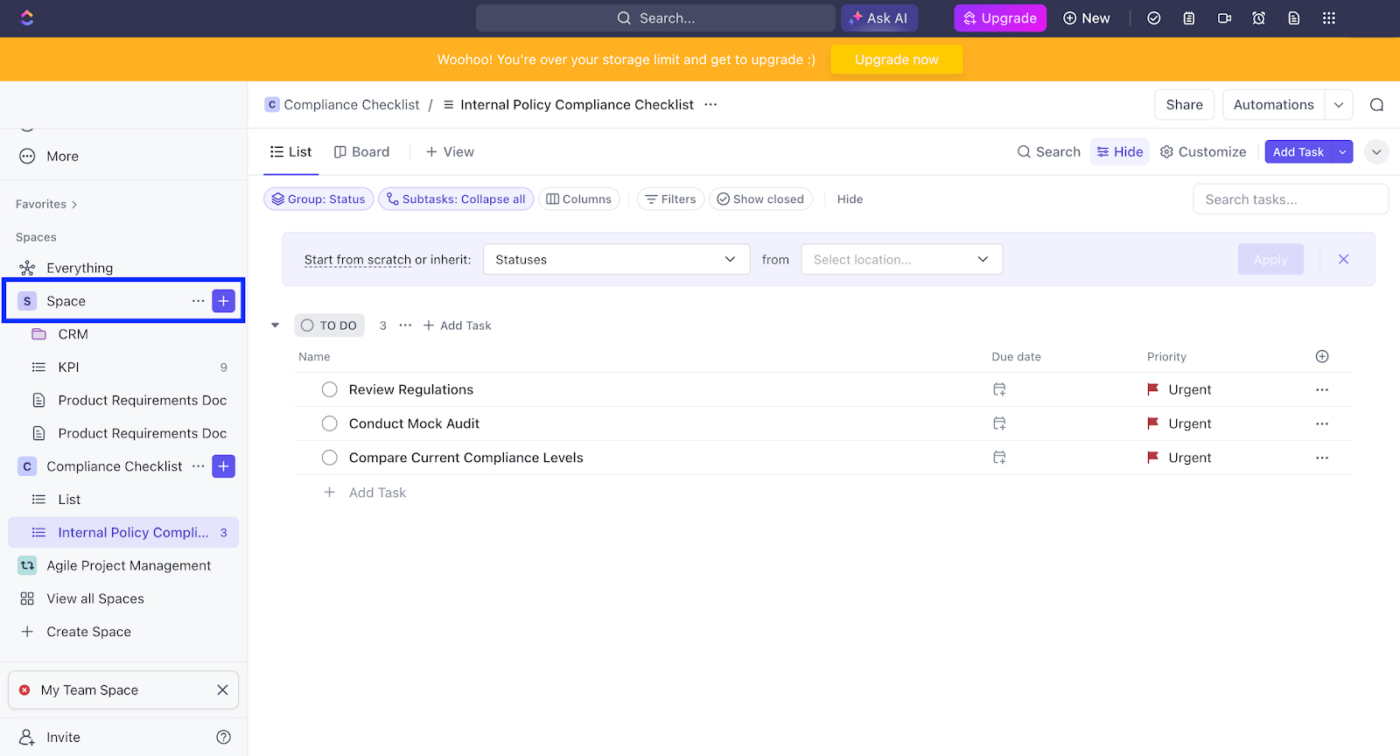 Espacio en las tareas de ClickUp