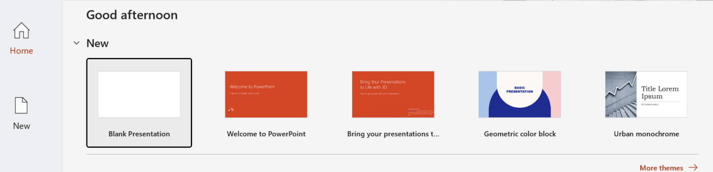 Starting a new presentation in Microsoft PowerPoint