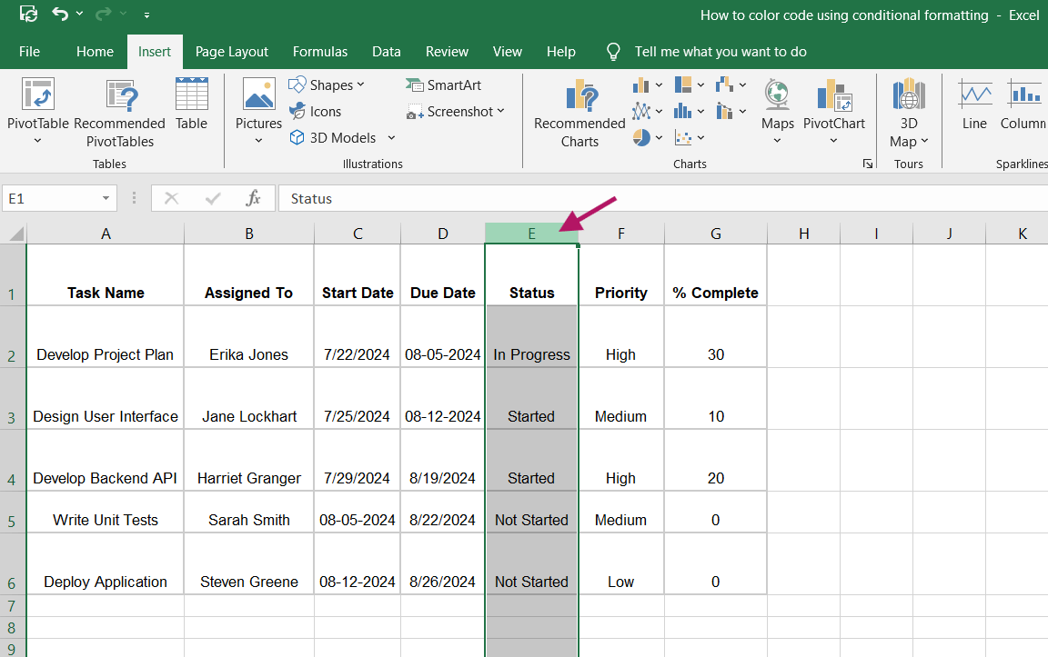 Kolom status di Excel