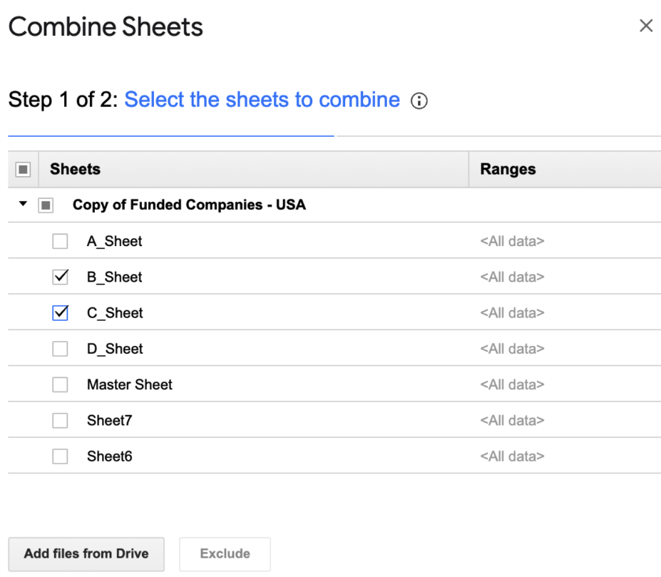 Step 1 to use the ‘Combine Sheets’ add-on in Google Sheets