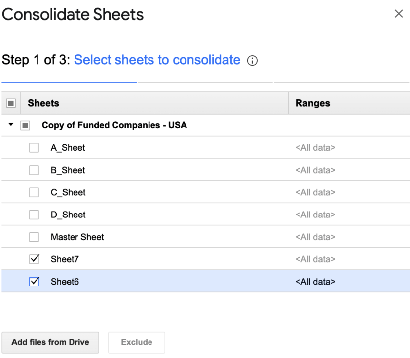 Step 1 to use the ‘Consolidate Sheets’ add-on in Google Sheets