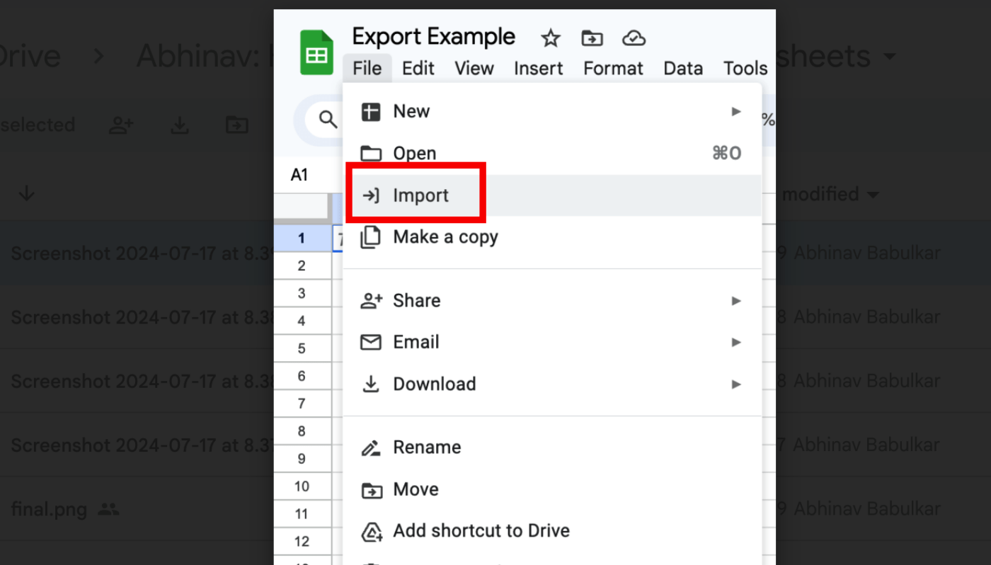 Step 1 to use the ‘Export/Import’ function in Google Sheets