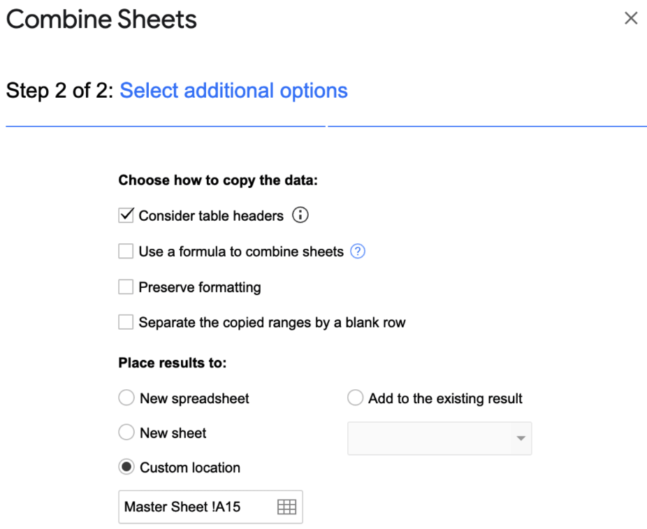 Step 2 to use the ‘Combine Sheets’ add-on in Google Sheets