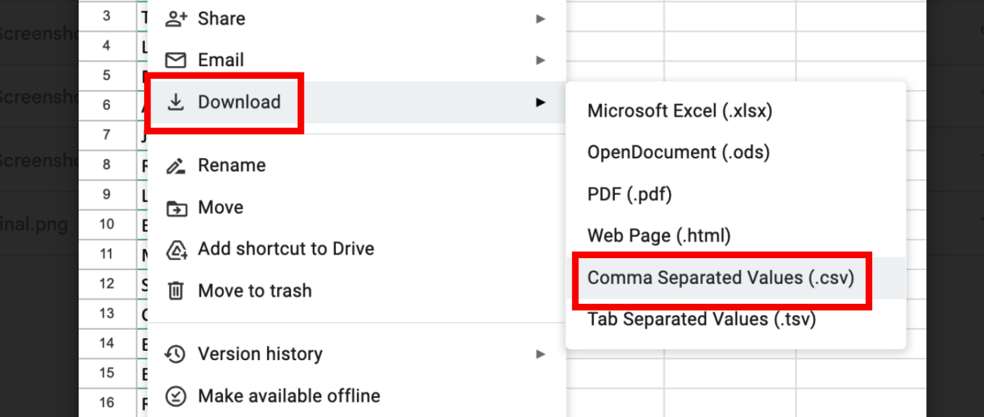 Step 2 to use the ‘Export/Import’ function in Google Sheets