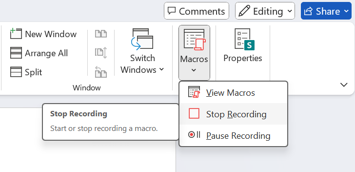 Menghentikan perekaman Makro di MS Word