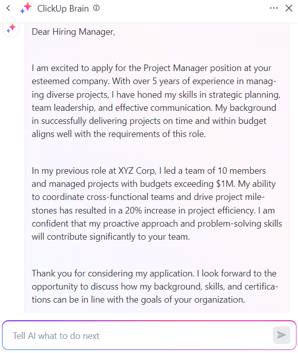 Tailored cover letter with ClickUp Brain