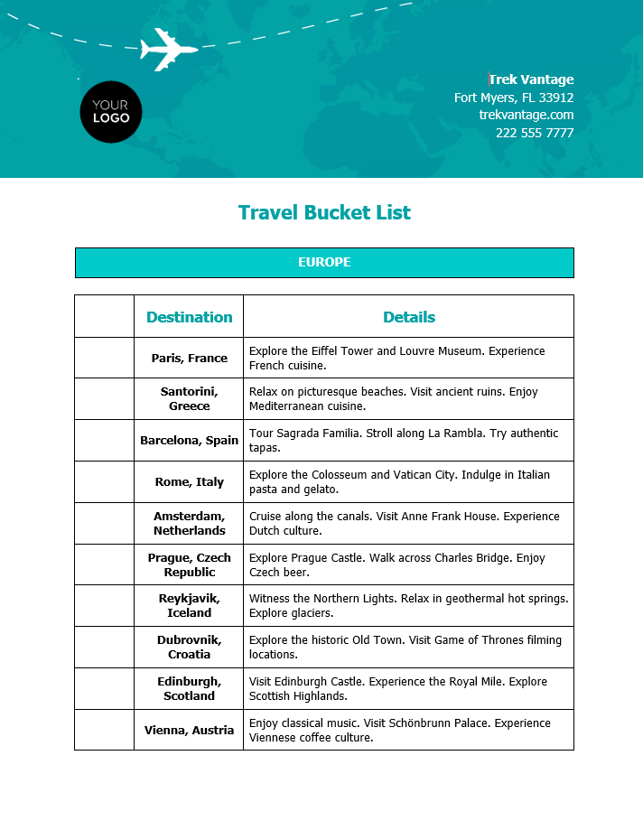 Travel Bucket List Template