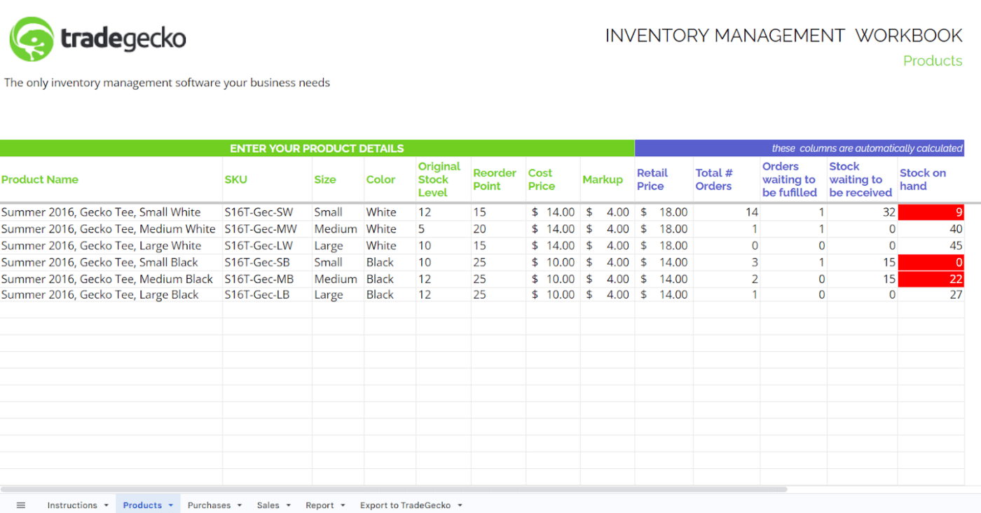 Inventory Template Google Sheets by TradeGecko