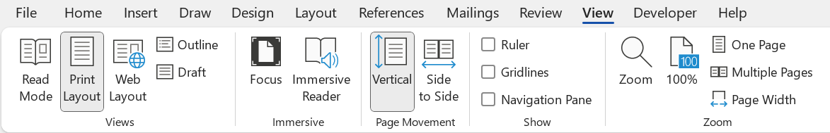 Tabblad Weergave in MS Word