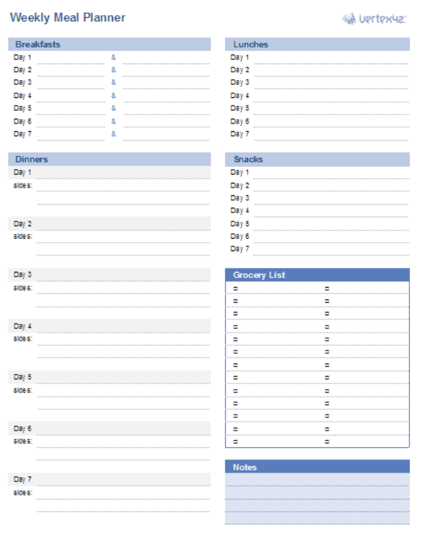 Weekly Meal Planner Excel Template by Vertex42