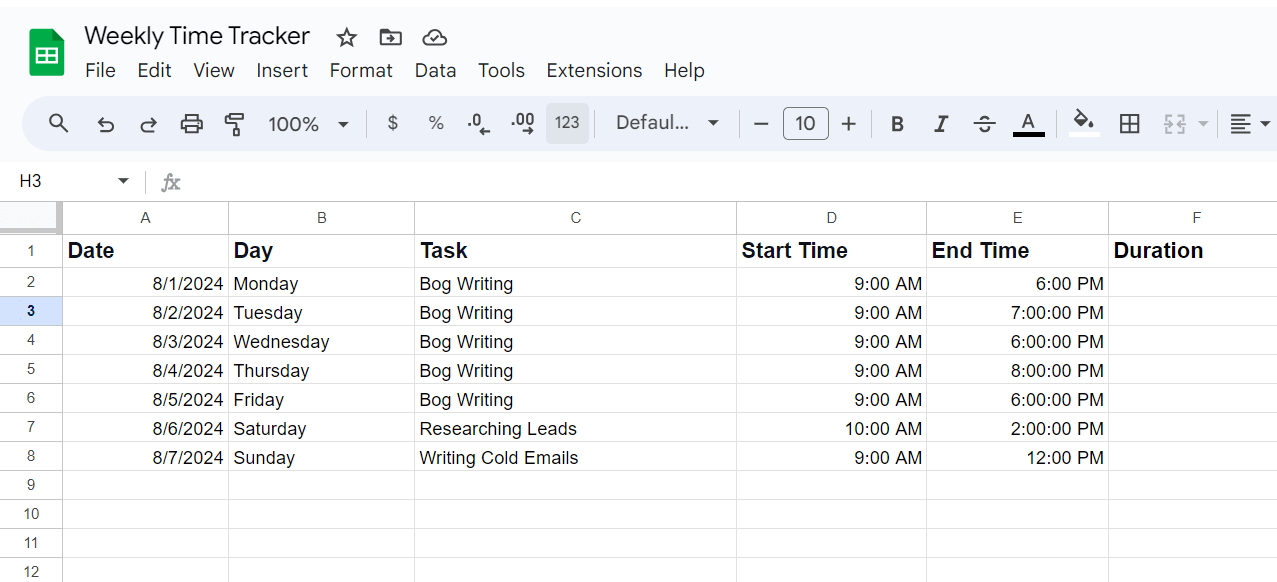 Weekly time tracker in Google Sheets