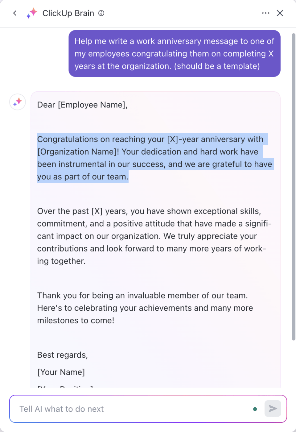 Mensagem de aniversário de trabalho gerada com o ClickUp Brain