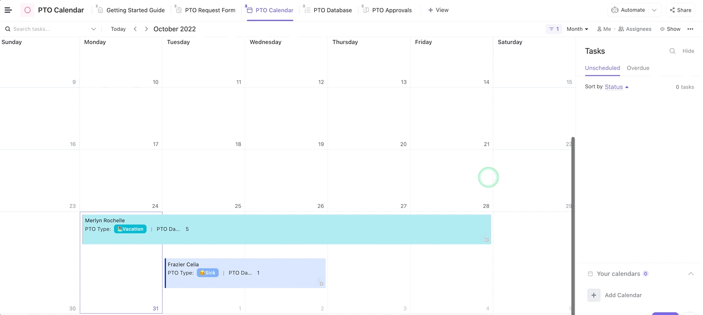 Get a snapshot of who’s in and who’s out of office with the ClickUp PTO Calendar Template