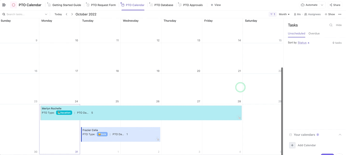 Obtenez un aperçu de qui est au bureau et de qui est absent avec le modèle de calendrier ClickUp PTO