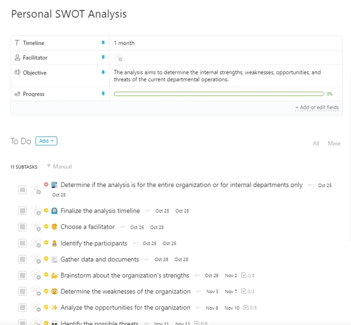 Identify strengths, weaknesses, opportunities, and threats for strategic planning with ClickUp SWOT Analysis Template