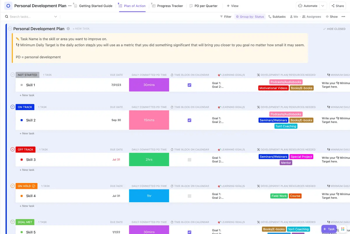 Modelo de plano de desenvolvimento pessoal do ClickUp