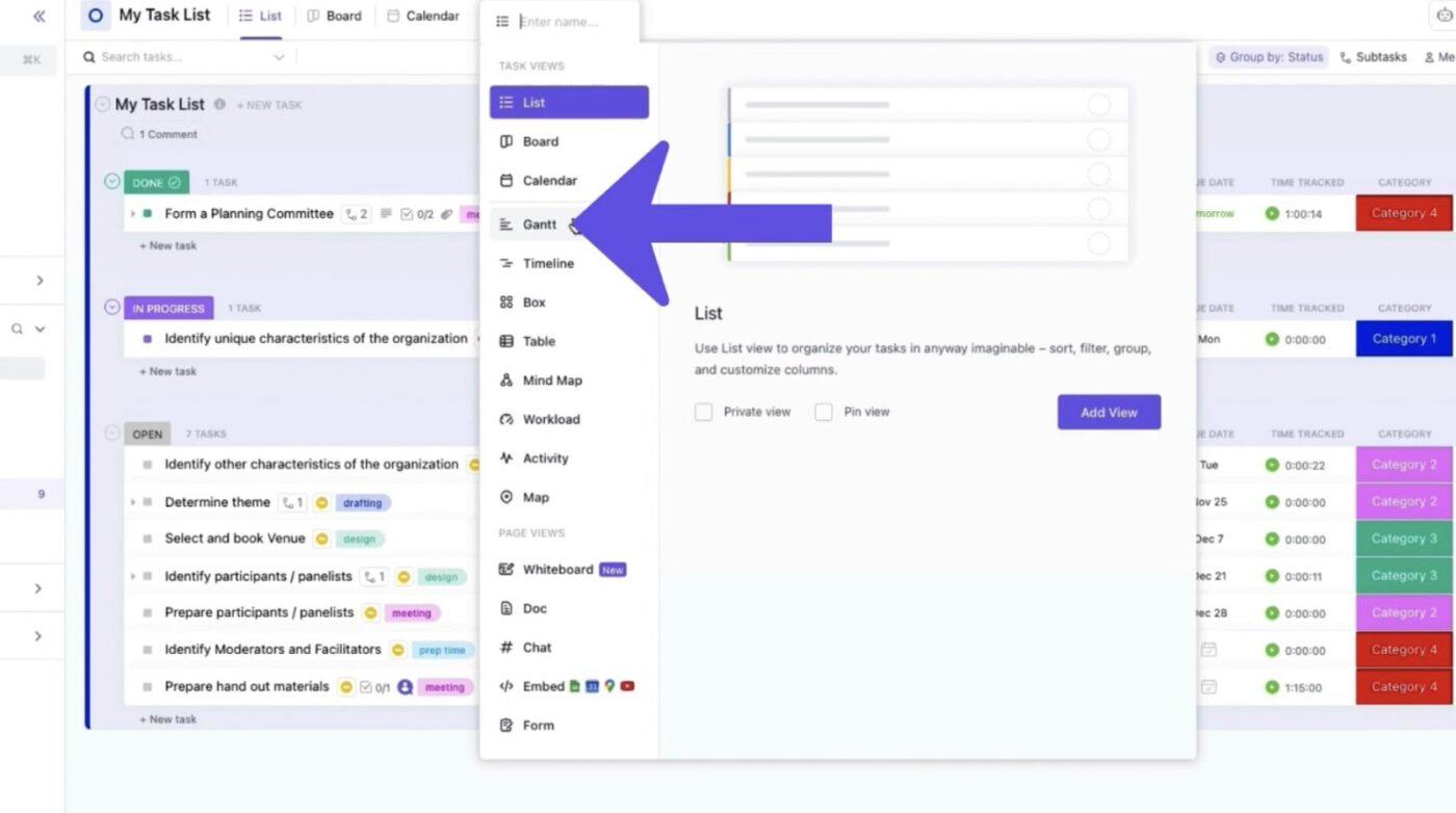 Vista Gantt di ClickUp