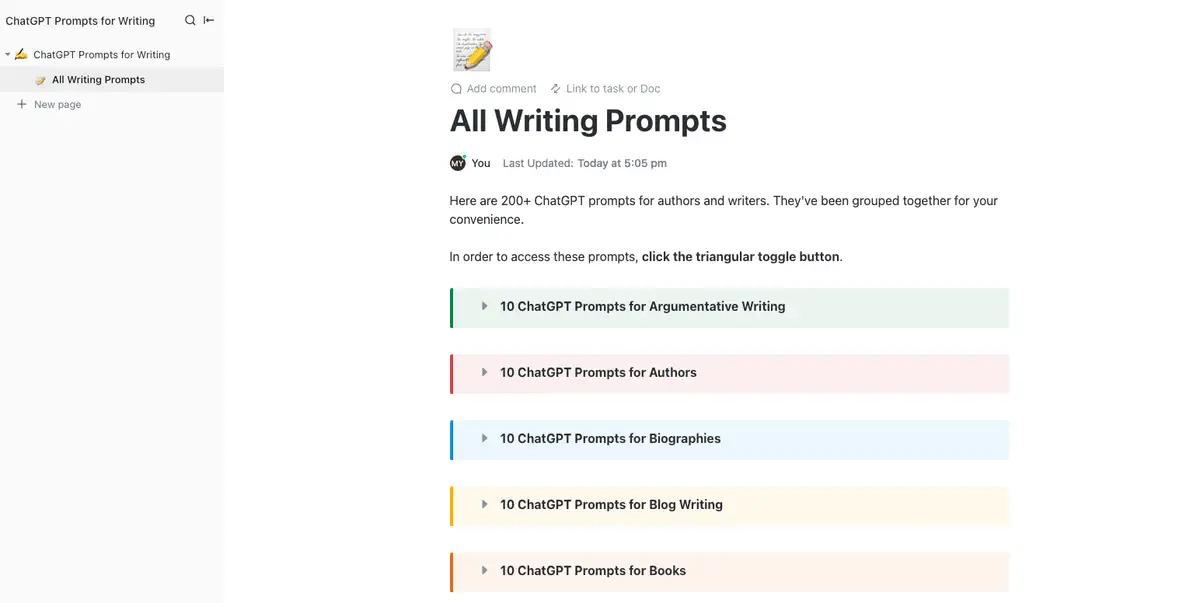 Verhoog uw proces voor het aanmaken van content met ClickUp's sjabloon ChatGPT Prompts for Writing