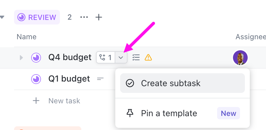 Create task with expanded subtasks