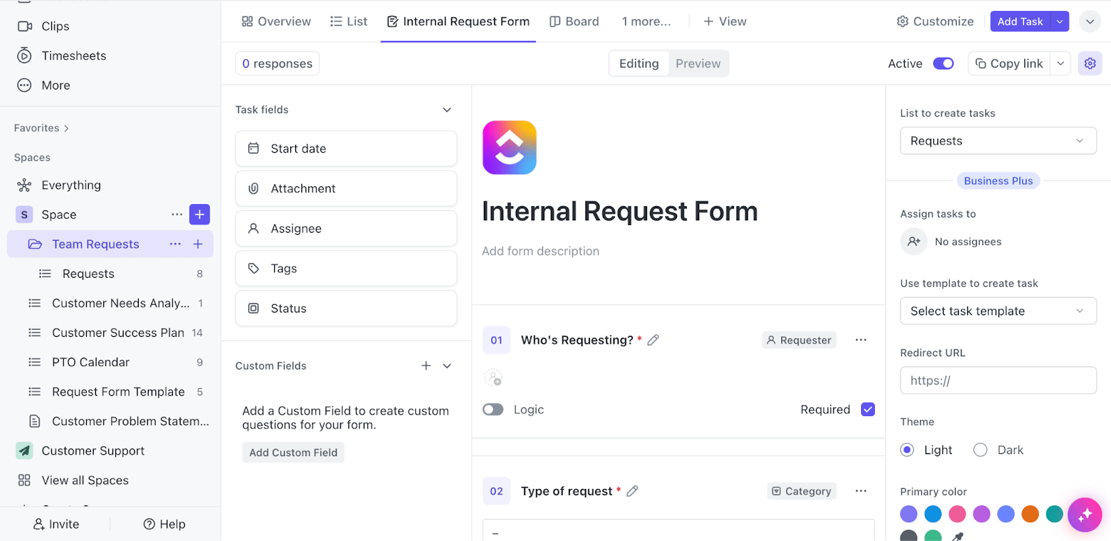 Unifiez votre processus de demande (des congés à l'accès aux logiciels) avec le modèle de demande de l'équipe ClickUp