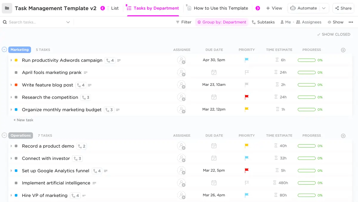 Visualice y optimice los flujos de trabajo con la plantilla de gestión de tareas de ClickUp