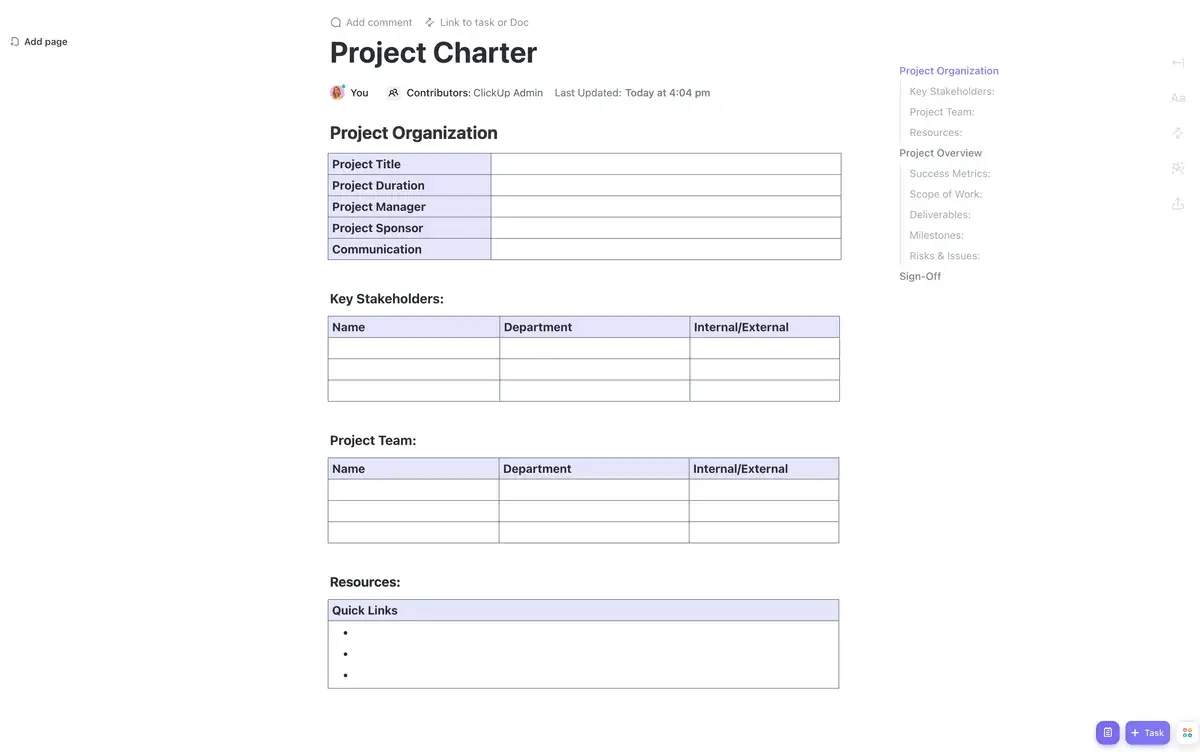 Buat piagam proyek yang terstruktur dan terperinci dengan Templat Piagam Proyek ClickUp