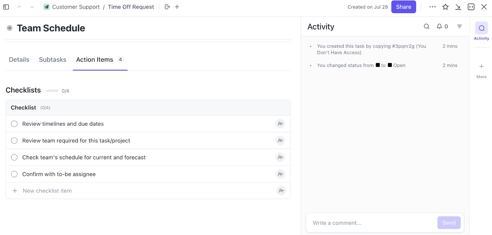 Streamline workload management for on-leave employees with the ClickUp Team Schedule Template.