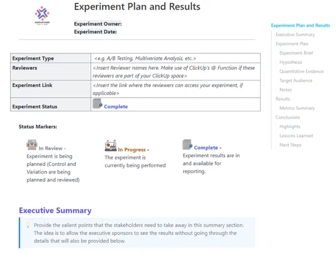 Nutzen Sie die ClickUp Vorlage für Experimentplan und Ergebnisse, um die Ergebnisse von Growth-Hacking-Experimenten zu analysieren und datengestützte Entscheidungen zu treffen